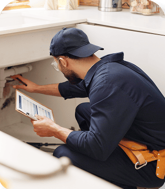 Plumber checking pipes under a sink