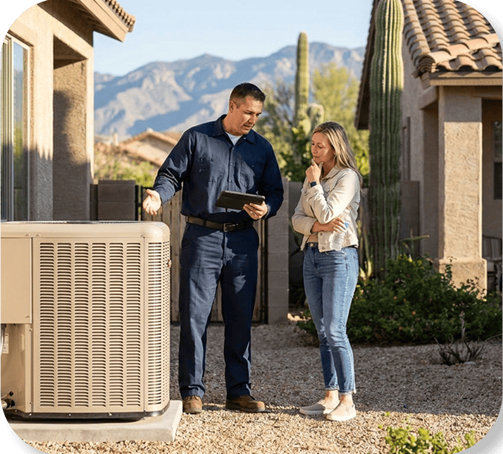 HVAC technician speaking with a homeowner next to an outdoor AC unit